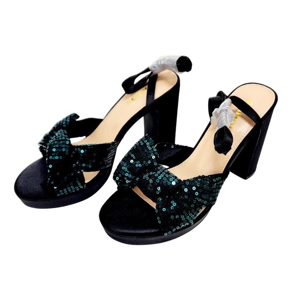 Amoji Womens Sequin Bow High Heel Sandals Black/Green Size 38 /US 8 - Picture 15 of 16